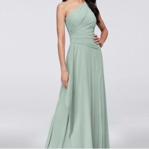 ONE-SHOULDER GEORGETTE CASCADE BRIDESMAID DRESS ,DUSTY SAGE